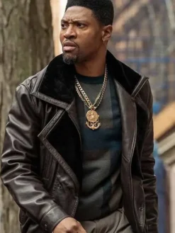 Close-up of London Brown Power Book III Raising 2026 Black Shearling Leather Jacket