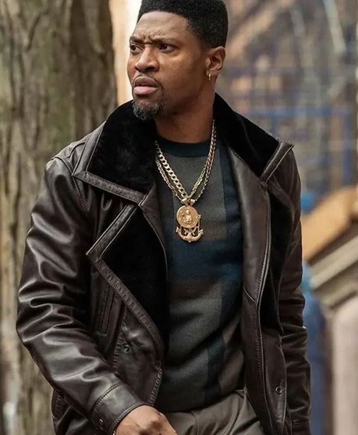 Close-up of London Brown Power Book III Raising 2026 Black Shearling Leather Jacket