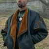 Close-up of London Brown Power Book III Raising Kanan Black And Brown Shearling Jacket