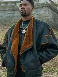 Close-up of London Brown Power Book III Raising Kanan Black And Brown Shearling Jacket