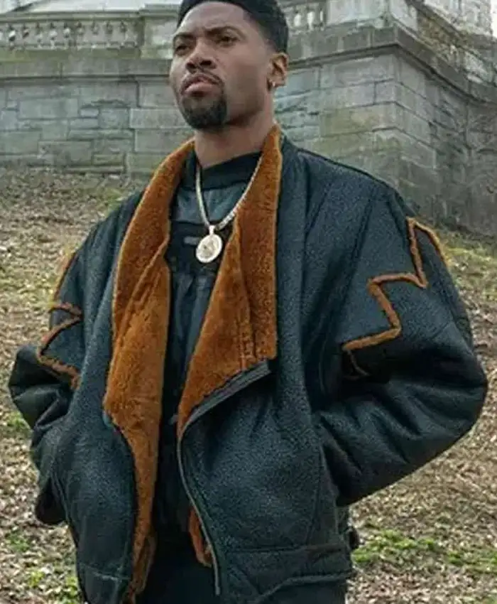 Close-up of London Brown Power Book III Raising Kanan Black And Brown Shearling Jacket