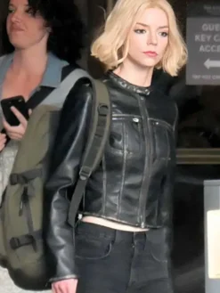 Close-up of Lucky S01 Anya Taylor-Joy Black Cafe Racer Leather Jacket