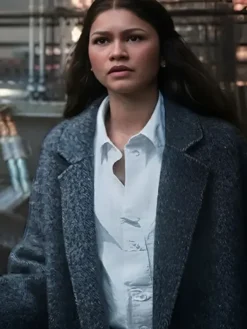 Close-up of MJ Spider-Man Brand New Day 2026 Zendaya Grey Coat