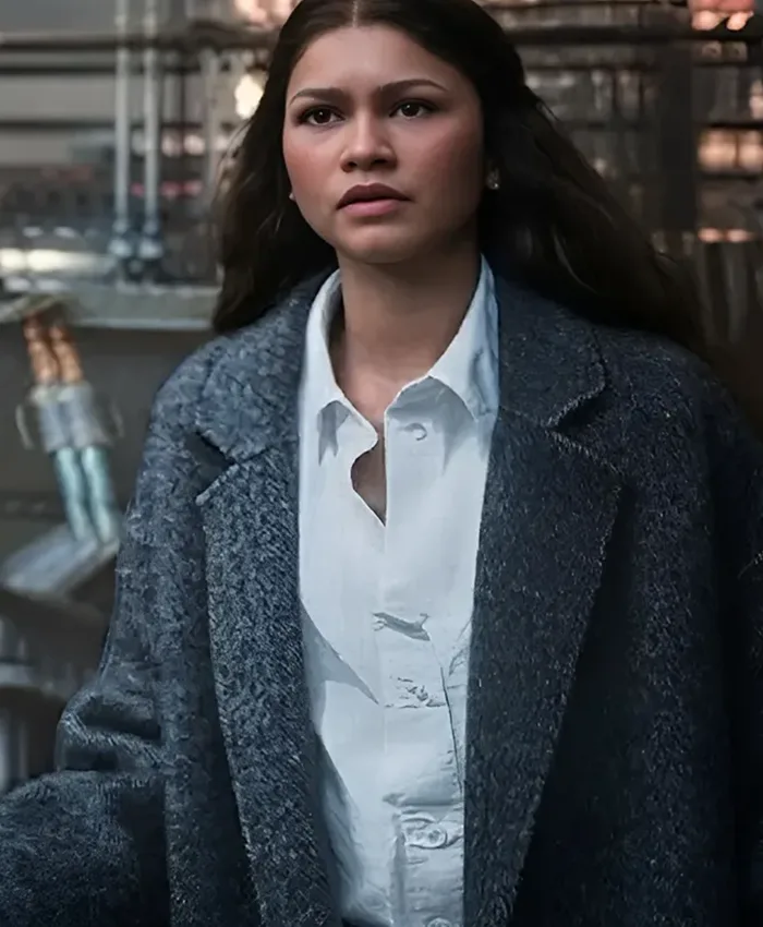 Close-up of MJ Spider-Man Brand New Day 2026 Zendaya Grey Coat