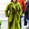 Close-up of Mabel Mora Only Murders In The Building S03 Green Fur Long Coat
