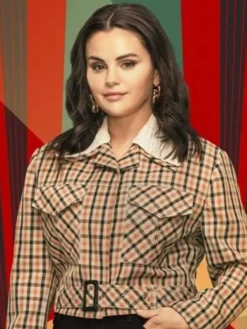 Close-up of Mabel Mora Only Murders In The Building Selena Gomez S03 Plaid Jacket