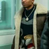 Close-up of Malcolm M. Mays Power Book III Raising Kanan Brown Shearling Leather Jacket