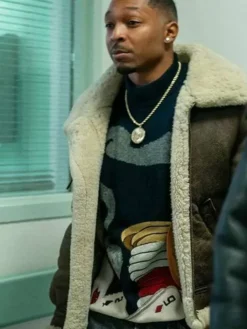Close-up of Malcolm M. Mays Power Book III Raising Kanan Brown Shearling Leather Jacket