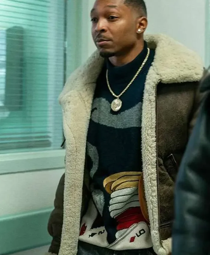 Close-up of Malcolm M. Mays Power Book III Raising Kanan Brown Shearling Leather Jacket