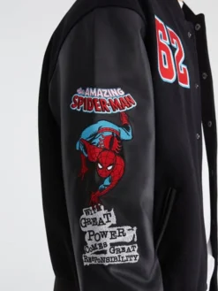 Close-up of Marvel Aero Spider-Man Black 62 Varsity Bomber Jacket Sale