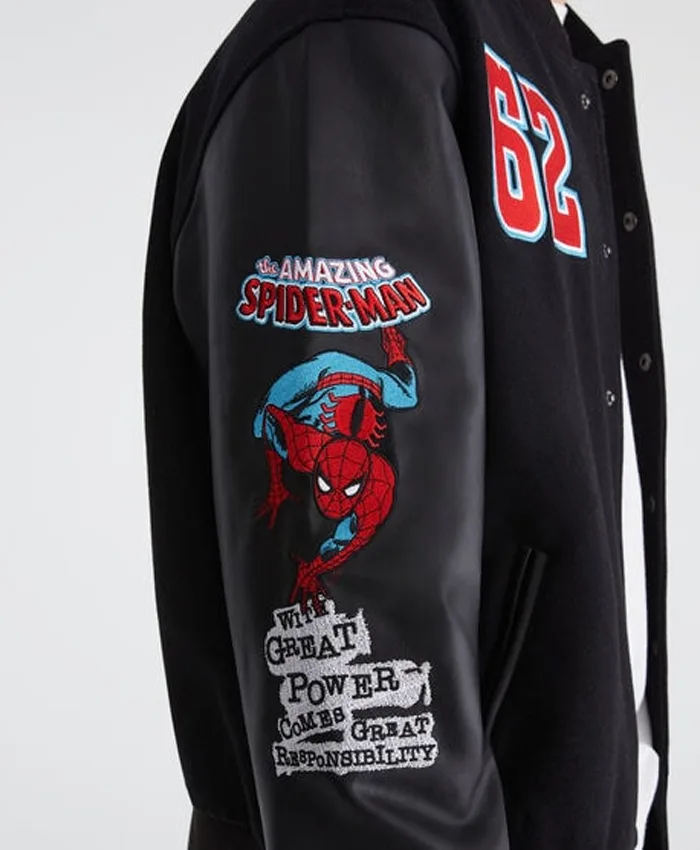 Close-up of Marvel Aero Spider-Man Black 62 Varsity Bomber Jacket Sale