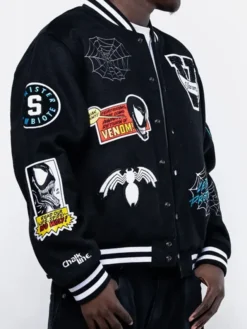 Close-up of Marvel Venom Lethal Protector Eddie Brock Black Wool Varsity Jacket