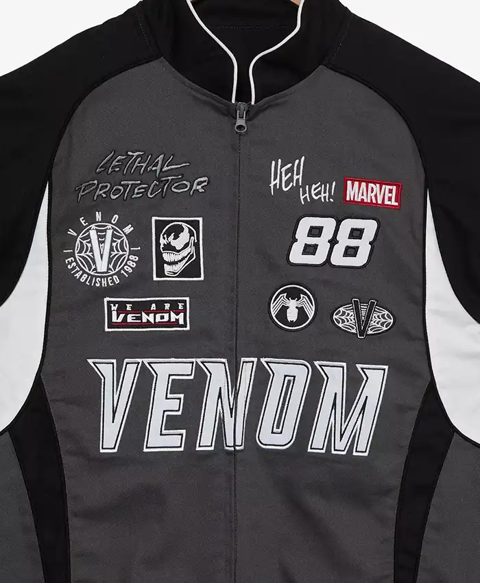 Close-up of Marvel Venom Moto Biker Black Cotton Bomber Jacket