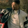 Close-up of Marvin Power Book III Raising Kanan Black And White Leather Bomber Jacket