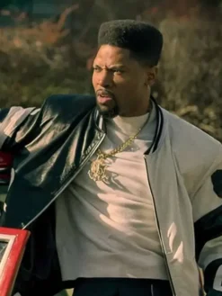 Close-up of Marvin Power Book III Raising Kanan Black And White Leather Bomber Jacket