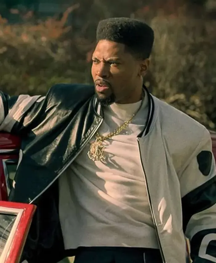 Close-up of Marvin Power Book III Raising Kanan Black And White Leather Bomber Jacket