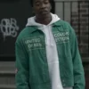 Close-up of Mekai Curtis Power Book III Raising Kanan S03 Green Cotton Jacket