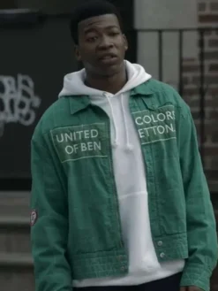 Close-up of Mekai Curtis Power Book III Raising Kanan S03 Green Cotton Jacket