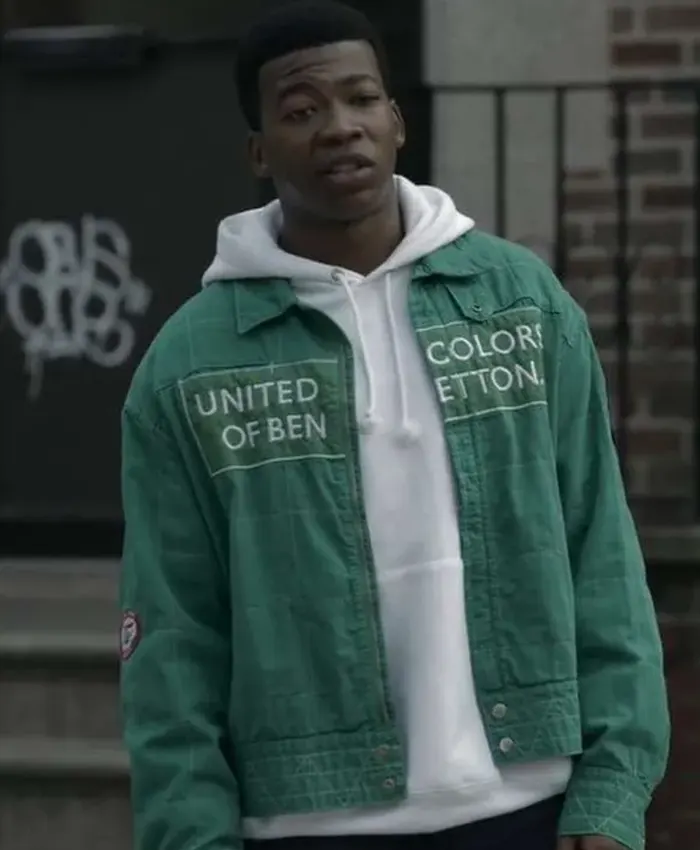 Close-up of Mekai Curtis Power Book III Raising Kanan S03 Green Cotton Jacket