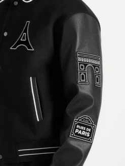 Close-up of Mona Lisa Black Wool Blend Varsity Jacket