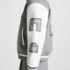 Close-up of Mona Lisa Grey And White Wool Varsity Bomber Jacket