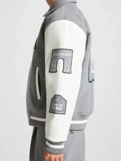 Close-up of Mona Lisa Grey And White Wool Varsity Bomber Jacket
