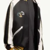 Close-up of Moncler x Fragment Yūgō Embroidered Souvenir Black And White Satin Varsity Jacket