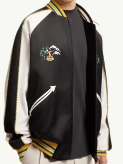 Close-up of Moncler x Fragment Yūgō Embroidered Souvenir Black And White Satin Varsity Jacket