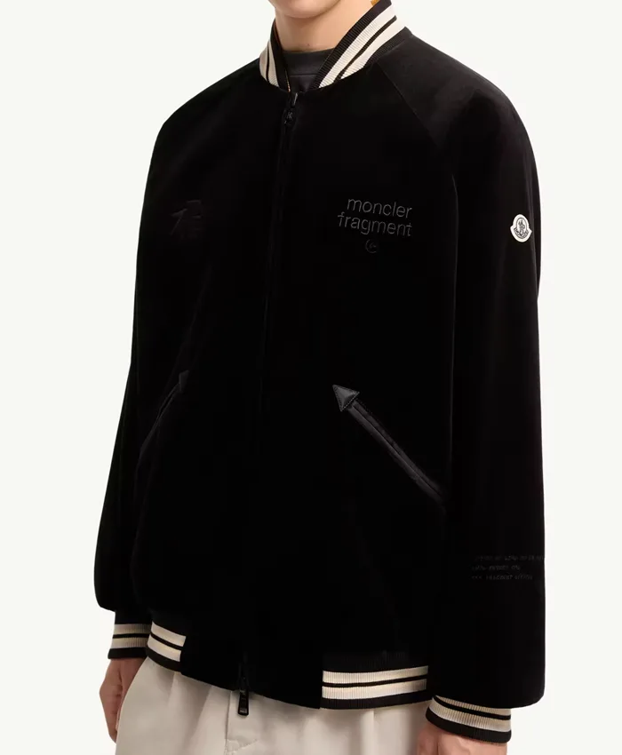Close-up of Moncler x Fragment Yūgō Embroidered Souvenir Black Wool Varsity Jacket