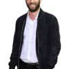 Close-up of Movie Finding Emily 2026 Screening Olivier Kaempfer Black Suede Leather Bomber Jacket