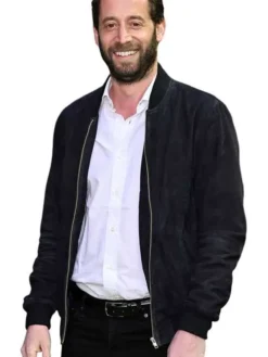 Close-up of Movie Finding Emily 2026 Screening Olivier Kaempfer Black Suede Leather Bomber Jacket
