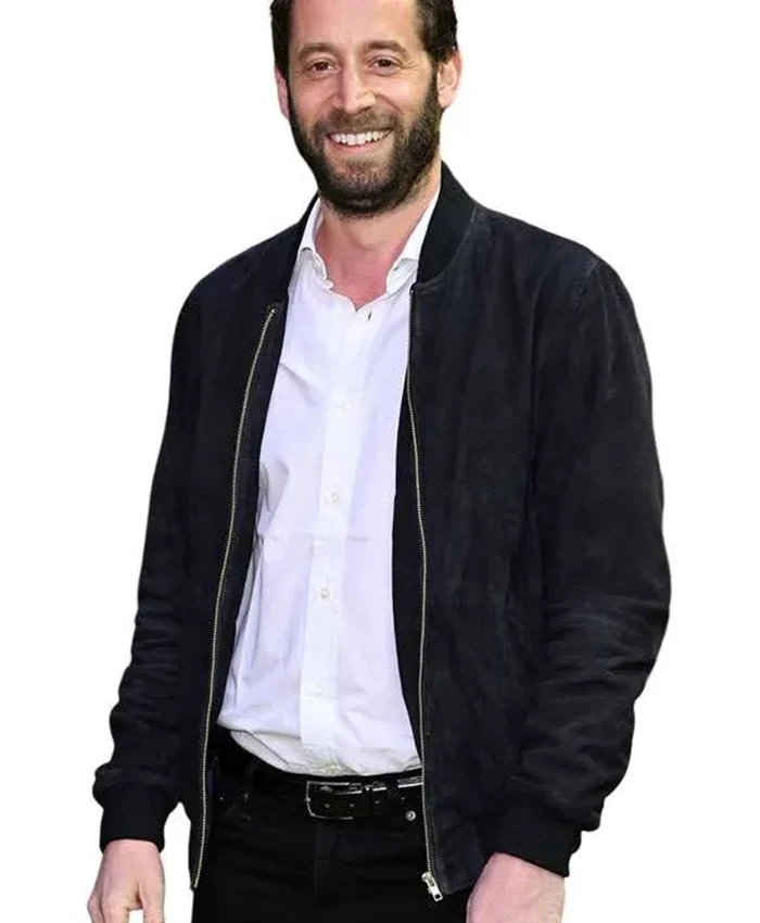 Close-up of Movie Finding Emily 2026 Screening Olivier Kaempfer Black Suede Leather Bomber Jacket