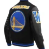Close-up of NBA Basketball Team Golden State Warriors Black And Blue Varsity Jacket Sale