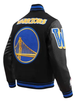 Close-up of NBA Basketball Team Golden State Warriors Black And Blue Varsity Jacket Sale