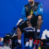 Close-up of NBA Jose Alvarado SLAM Kicks 29 Custom AND1 Black And Blue Varsity Jacket