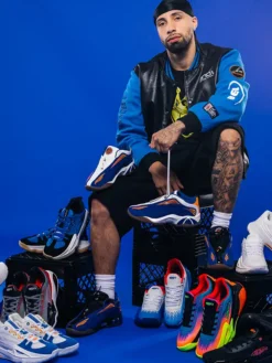 Close-up of NBA Jose Alvarado SLAM Kicks 29 Custom AND1 Black And Blue Varsity Jacket