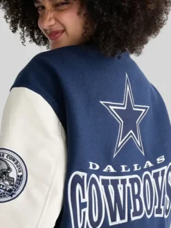 Close-up of NFL Dallas Cowboys Navy And White Varsity Jacket