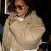 Close-up of New York City SoHo 2026 Rihanna Oversized Cropped Cotton Khaki Track Jacket