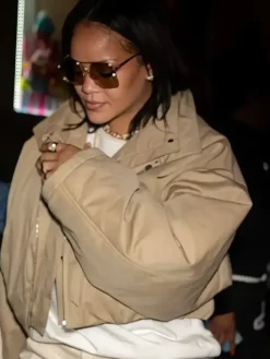 Close-up of New York City SoHo 2026 Rihanna Oversized Cropped Cotton Khaki Track Jacket