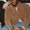 Close-up of New York Giants Malik Nabers x Abercrombie Brown Suede Jacket