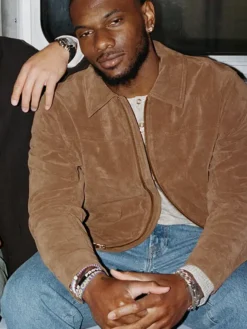 Close-up of New York Giants Malik Nabers x Abercrombie Brown Suede Jacket