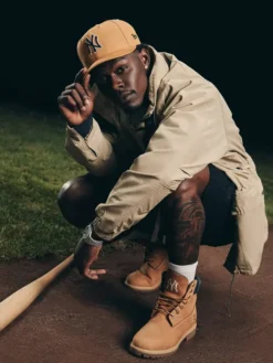 Close-up of New York Yankees Jazz Chisholm Jr. x Timberland x New Era Brown Jacket