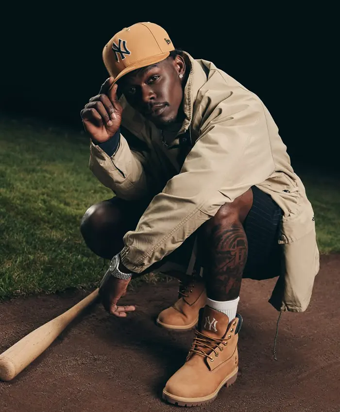 Close-up of New York Yankees Jazz Chisholm Jr. x Timberland x New Era Brown Jacket