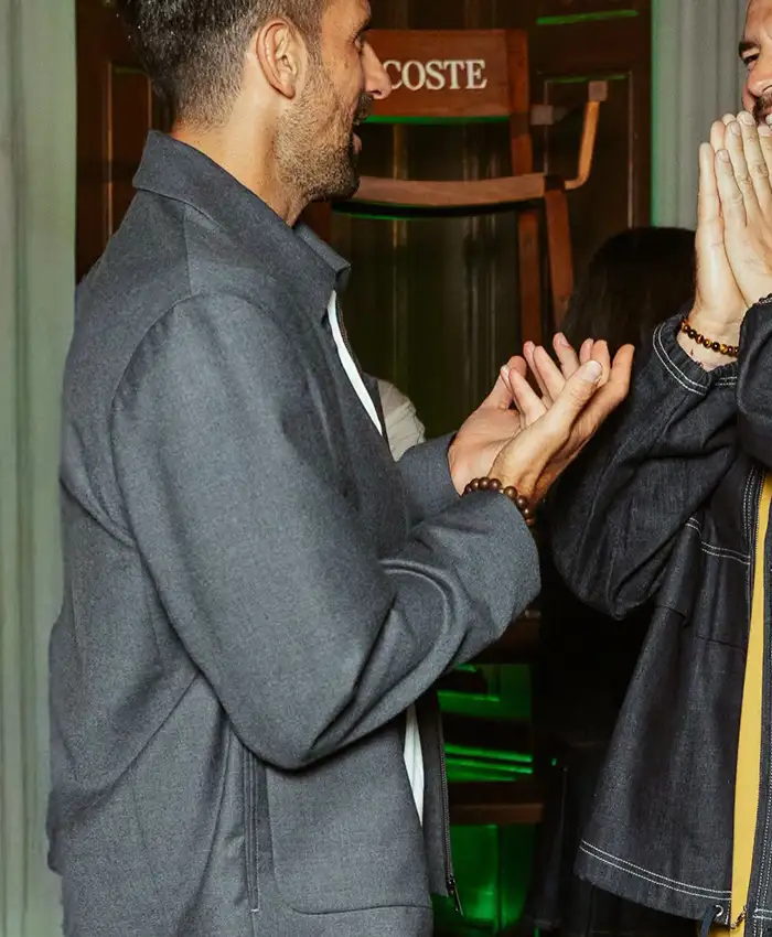 Close-up of Novak Djokovic Tennis Club Lacoste New York Cotton Grey Workwear Jacket