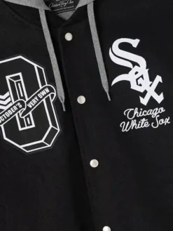 Close-up of OVO x MLB Chicago White Sox Black Insulated Cotton Twill Bomber Jacket
