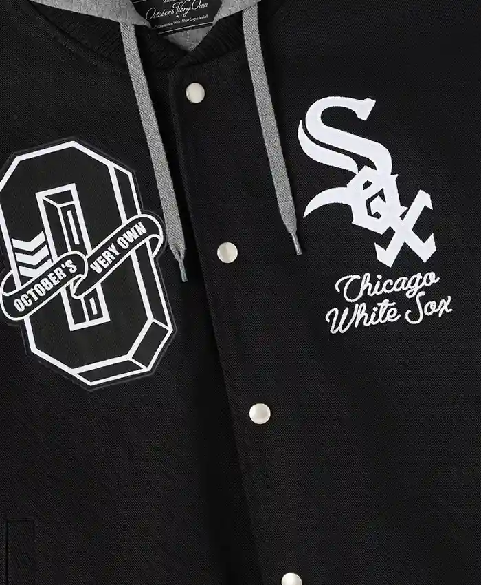 Close-up of OVO x MLB Chicago White Sox Black Insulated Cotton Twill Bomber Jacket