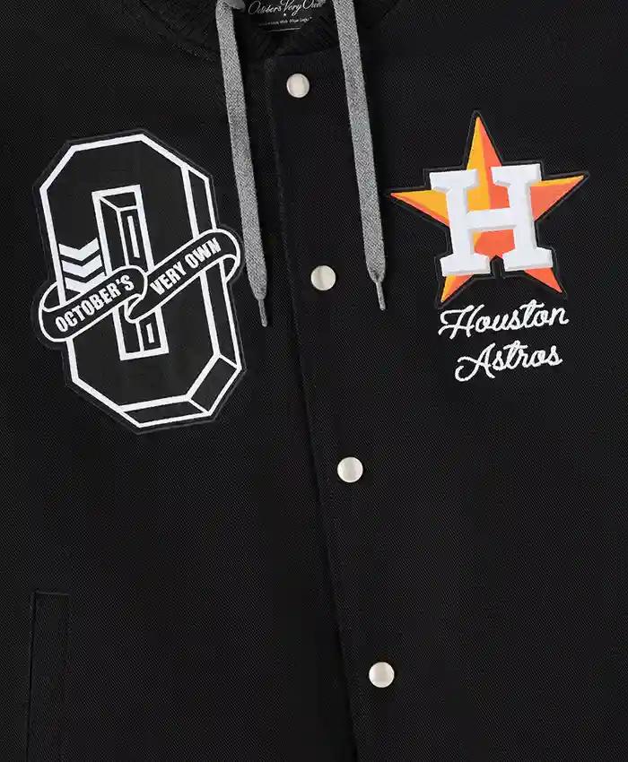Close-up of OVO x MLB Houston Astros Black Insulated Cotton Twill Bomber Jacket