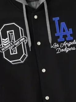 Close-up of OVO x MLB Los Angeles Dodgers Black Insulated Cotton Twill Bomber Jacket