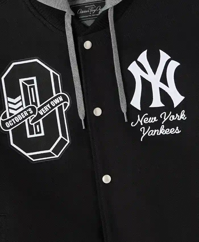 Close-up of OVO x MLB New York Yankees Black Insulated Cotton Twill Bomber Jacket