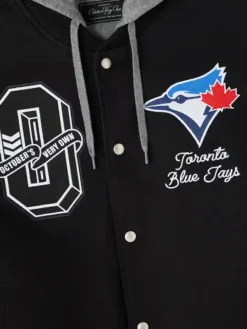 Close-up of OVO x MLB Toronto Blue Jays Black Insulated Cotton Twill Bomber Jacket